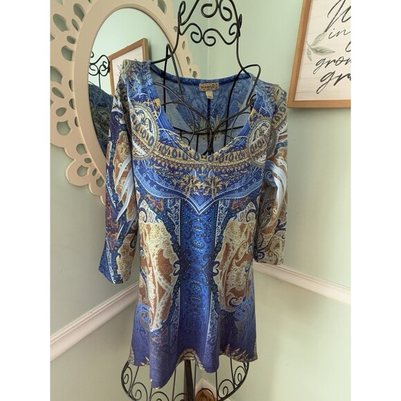 ONE WORLD LIVE AND LET LIVE MULTI EMBELLISHED V NECK TOP TUNIC SZ S Artsy - Picture 2 of 7